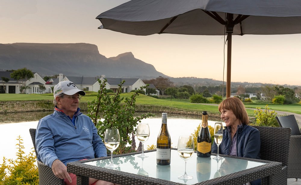 Wine tasting on the Steenberg terrace at sunset
